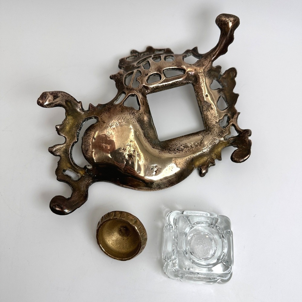 Art Nouveau Brass Desk Inkwell Heavy Cast Metal Victorian Library Dark Academia - Picture 8 of 11